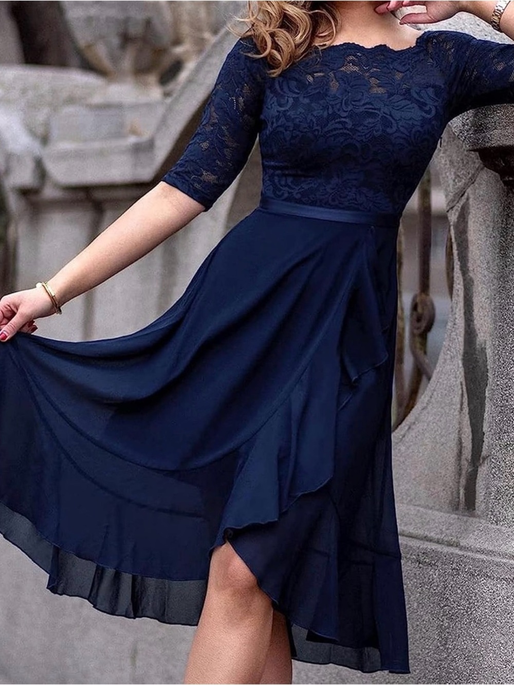 Miusol Navy Lace High-Low Cocktail Dress
